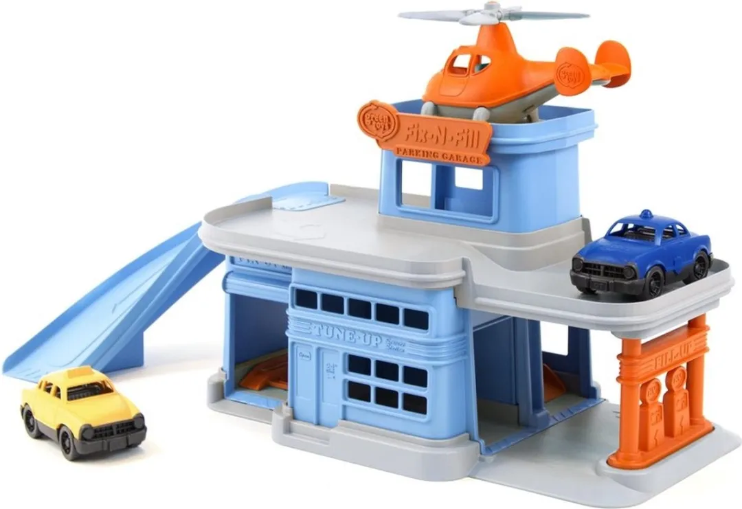 Greentoys parkeergarage met 2 auto's en een helikopter