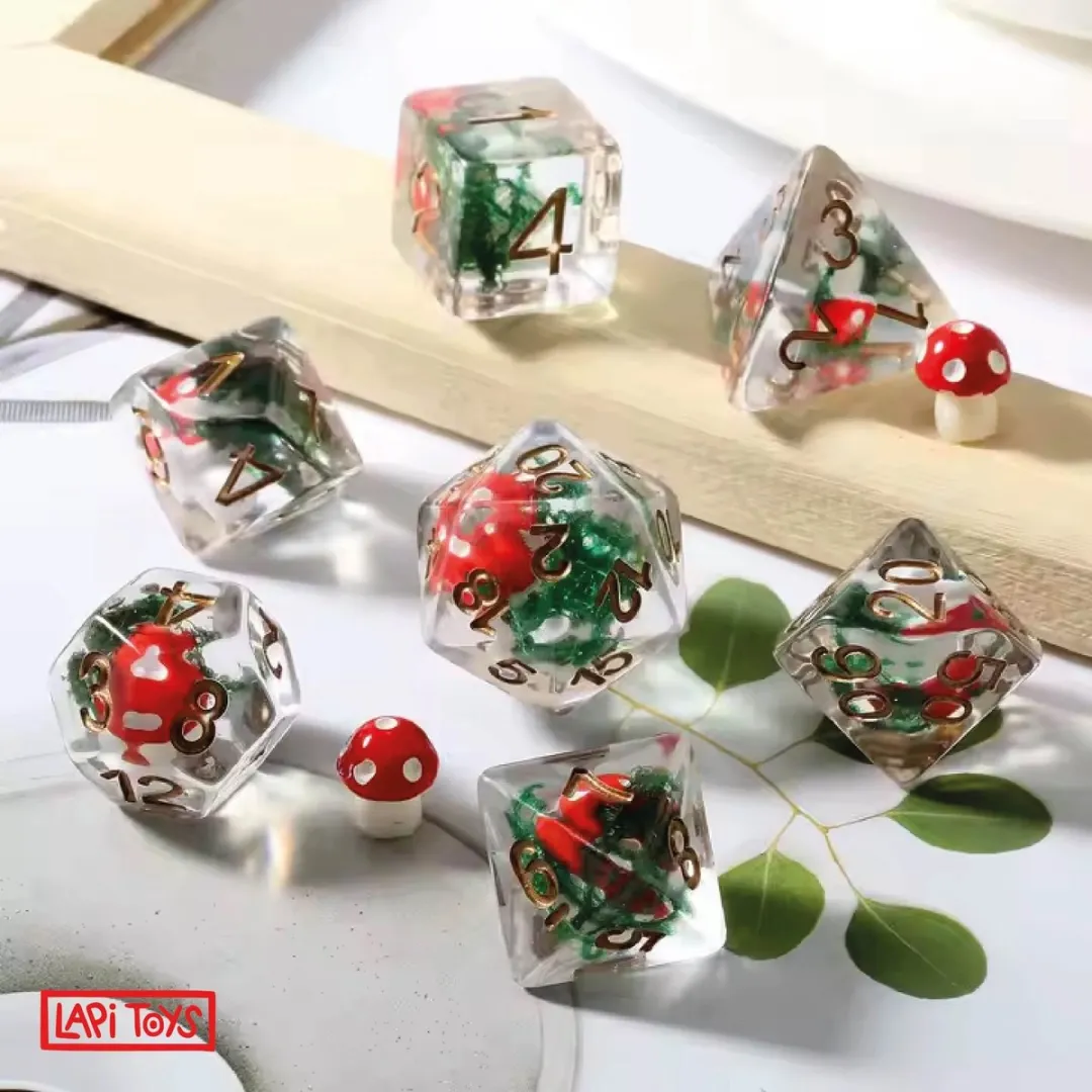 Dungeons and Dragons dobbelstenen - DnD Dice - Polydice - D&D dobbelstenen - DnD Dice Set - Met mini paddestoelen - Rood