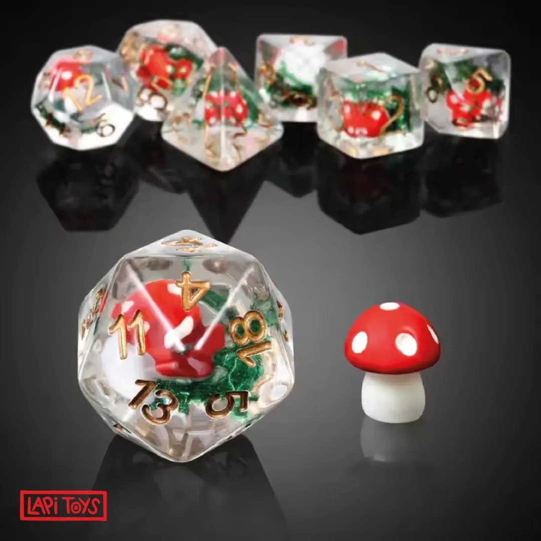 Dungeons and Dragons dobbelstenen - DnD Dice - Polydice - D&D dobbelstenen - DnD Dice Set - Met mini paddestoelen - Rood