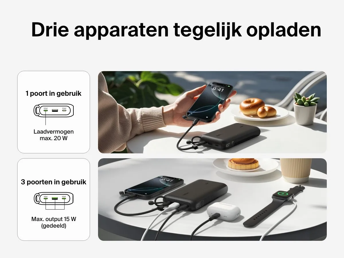 Belkin Power Bank 20000mAh 20W - 3 Outputs - Zwart