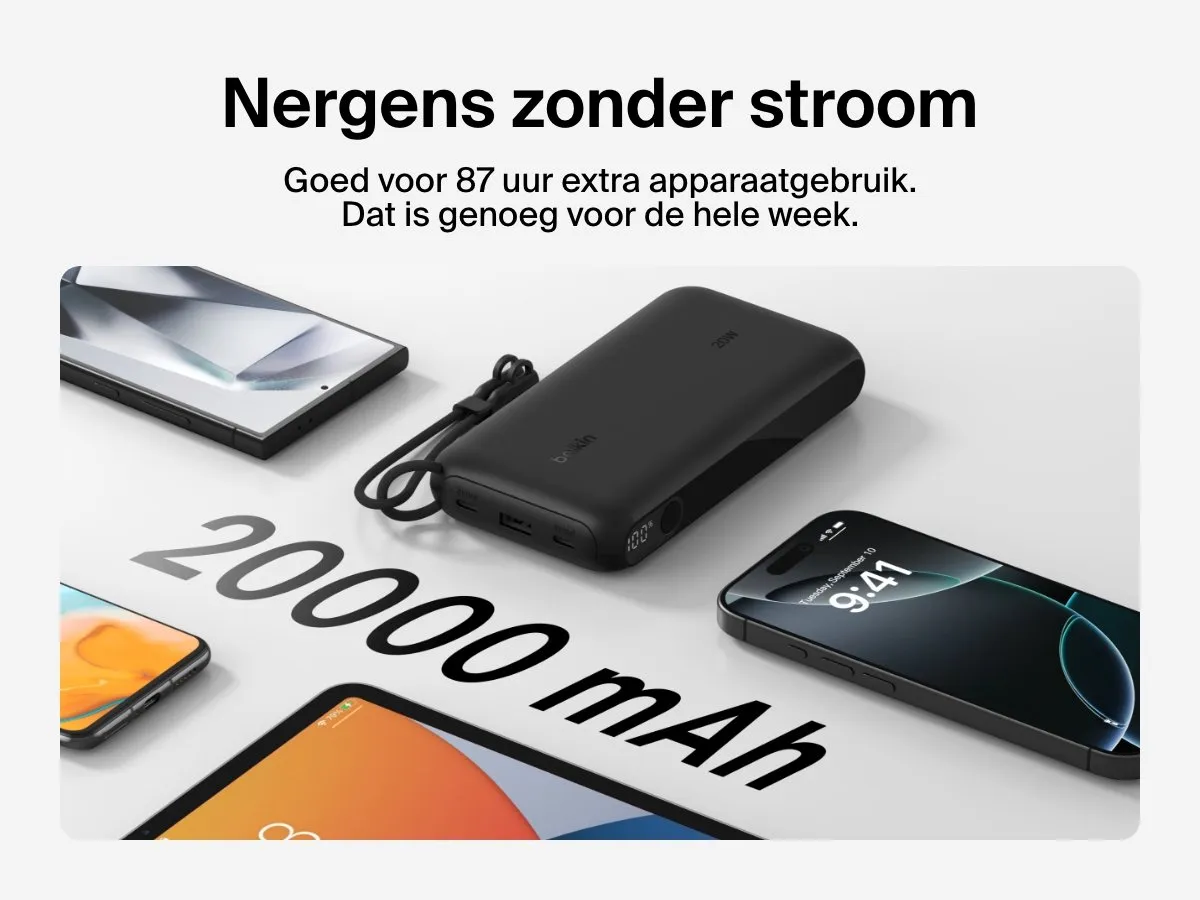 Belkin Power Bank 20000mAh 20W - 3 Outputs - Zwart - afbeelding 6 van 6