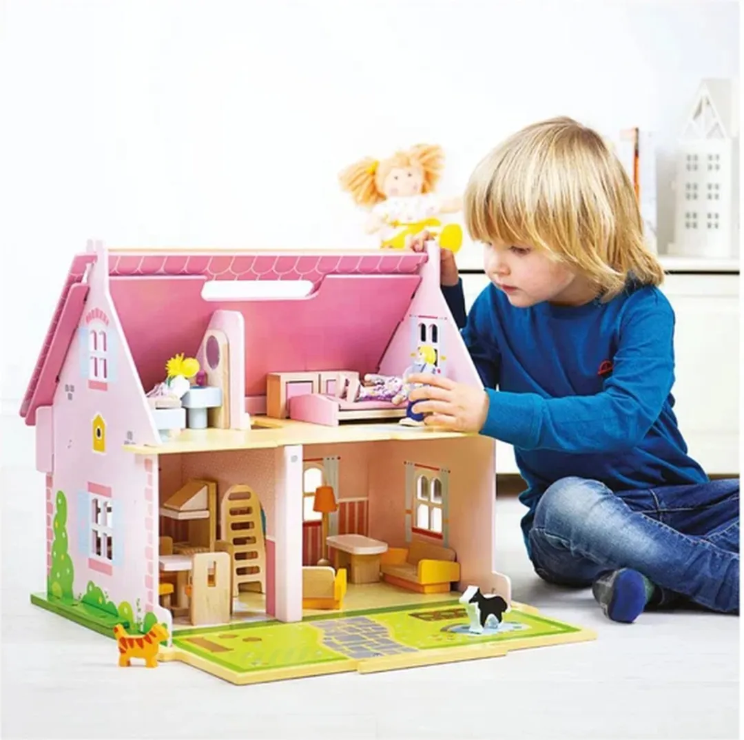 BIGJIGS Poppenhuis Blossom Cottage - 18 Meubels 4 Poppen - Roze