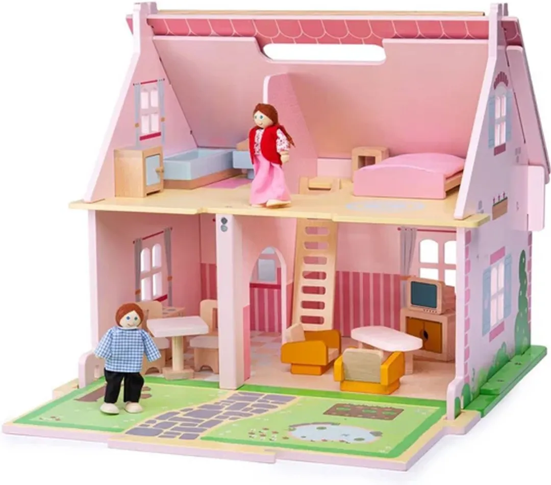 BIGJIGS Poppenhuis Blossom Cottage - 18 Meubels 4 Poppen - Roze