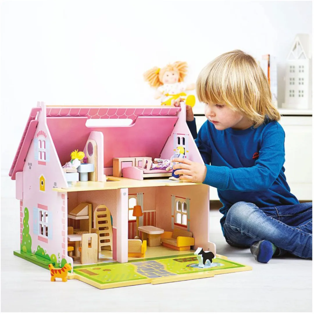 BIGJIGS Poppenhuis Blossom Cottage - 18 Meubels 4 Poppen - Roze
