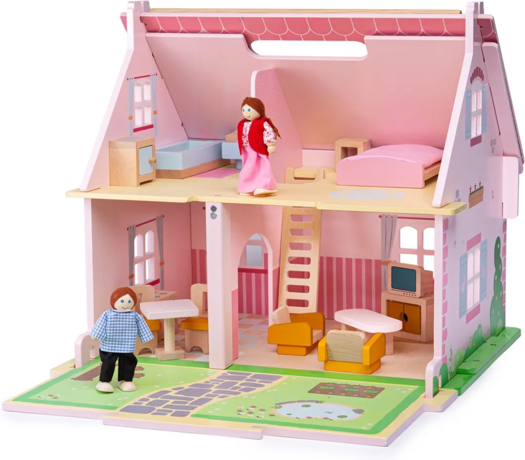BIGJIGS Poppenhuis Blossom Cottage - 18 Meubels 4 Poppen - Roze