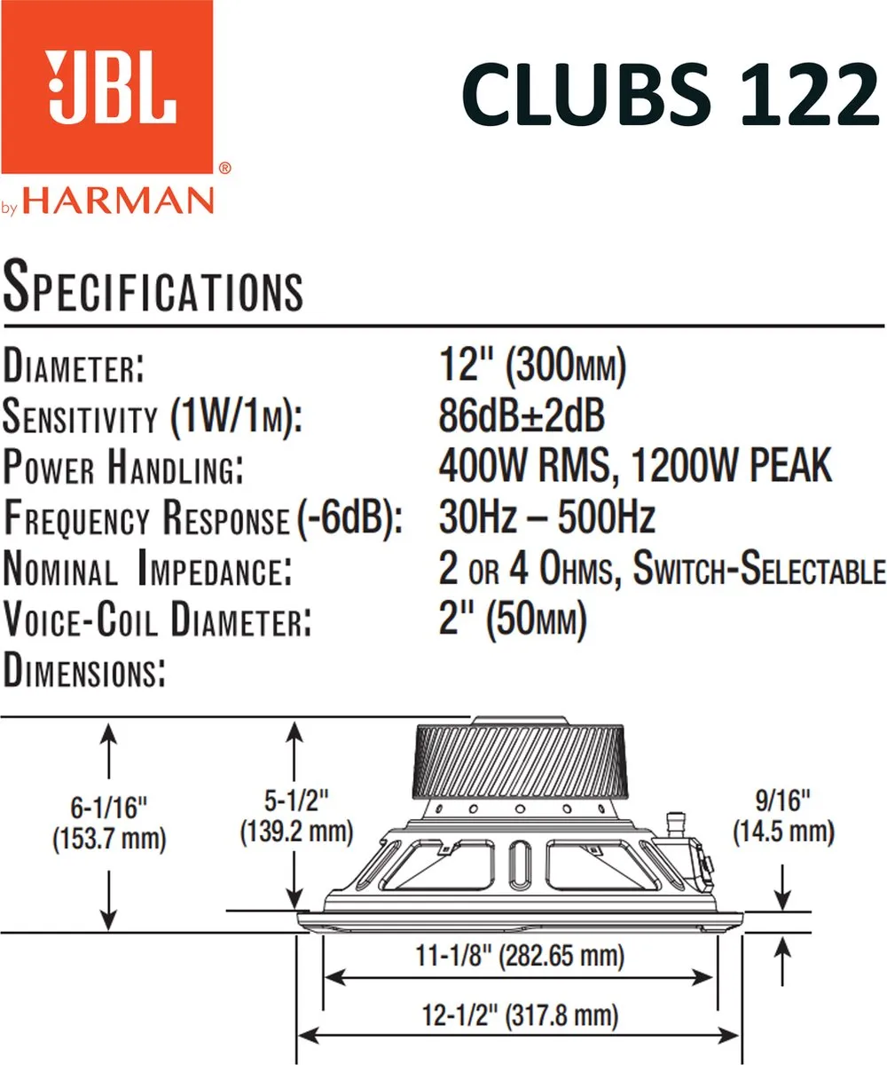 JBL CLUB 122 Autosubwoofer 12" - 400W RMS
