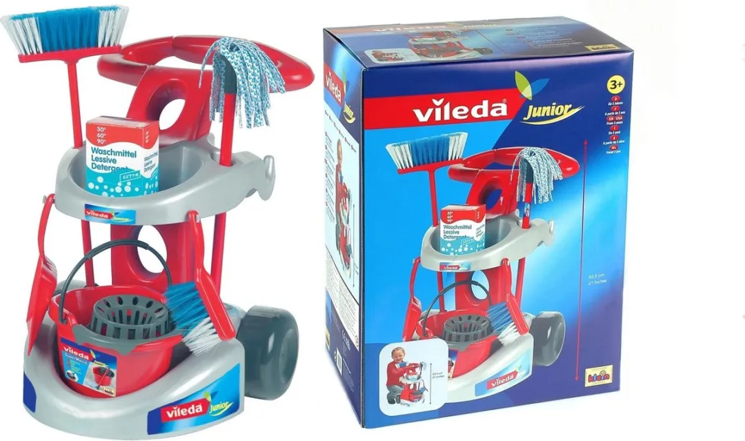 Klein Toys Vileda Reinigingswagen - Dweil & Bezems - 61cm/55,5cm - Rood/Blauw
