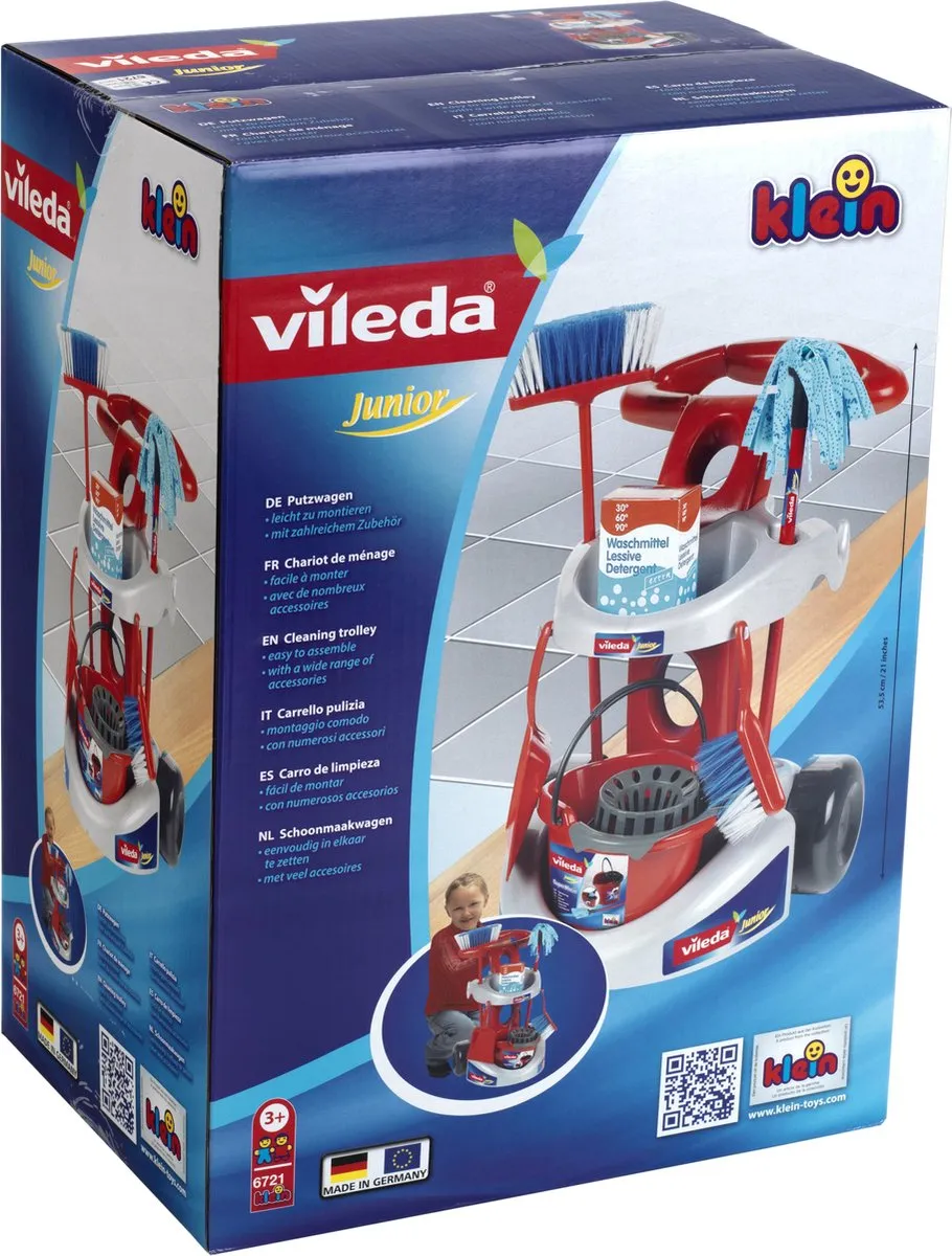 Klein Toys Vileda Reinigingswagen - Dweil & Bezems - 61cm/55,5cm - Rood/Blauw