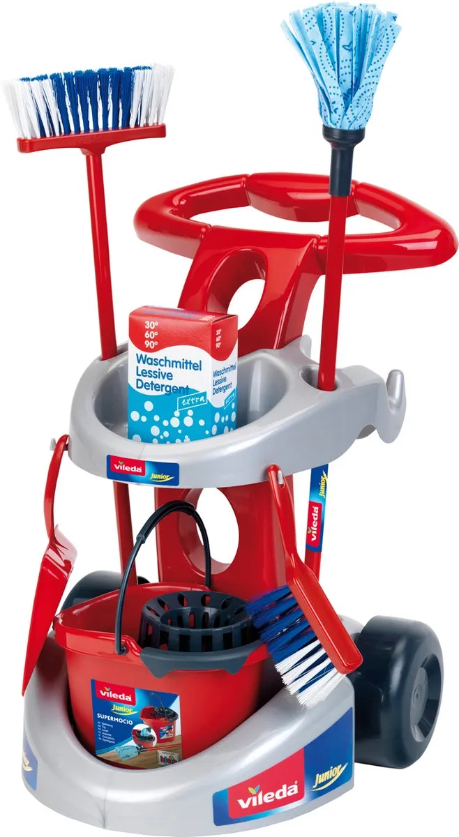 Klein Toys Vileda Reinigingswagen - Dweil & Bezems - 61cm/55,5cm - Rood/Blauw