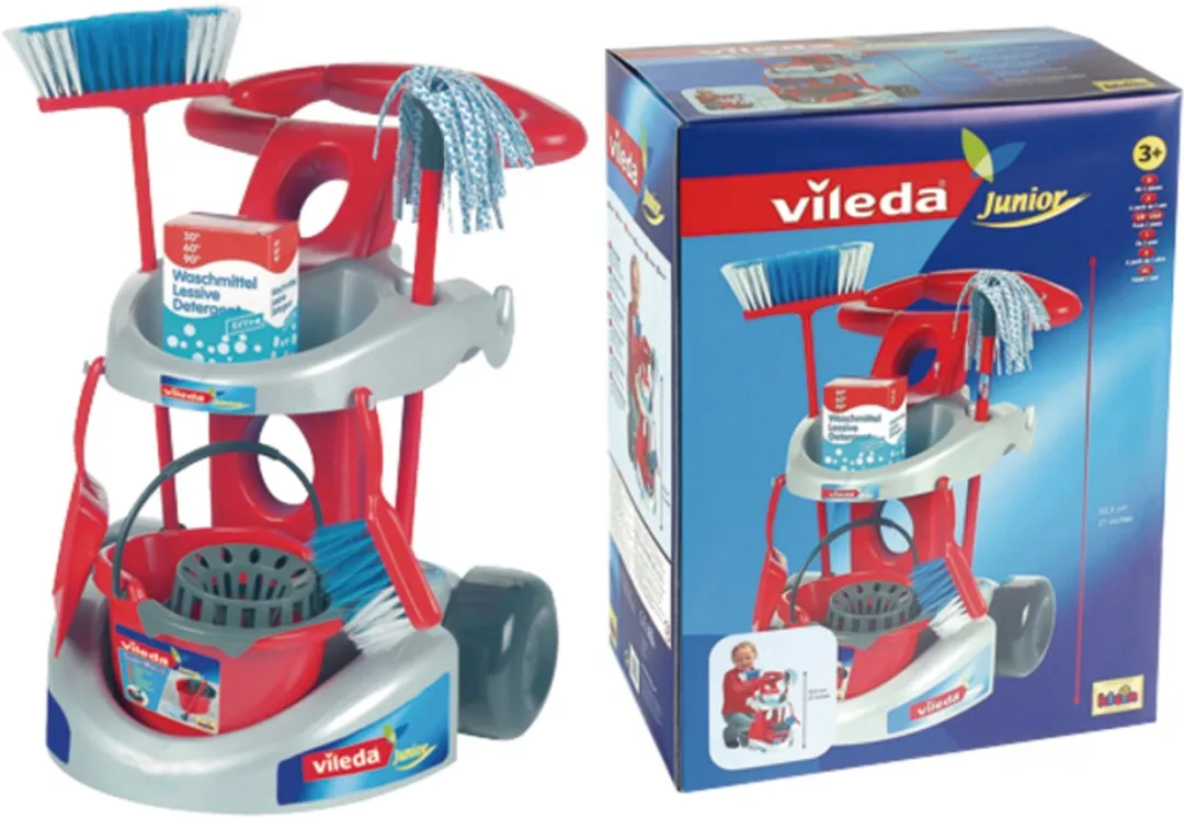 Klein Toys Vileda Reinigingswagen - Dweil & Bezems - 61cm/55,5cm - Rood/Blauw