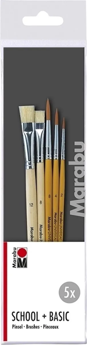 Marabu Penselenset - Basis School Set - 5 penselen plat en rond