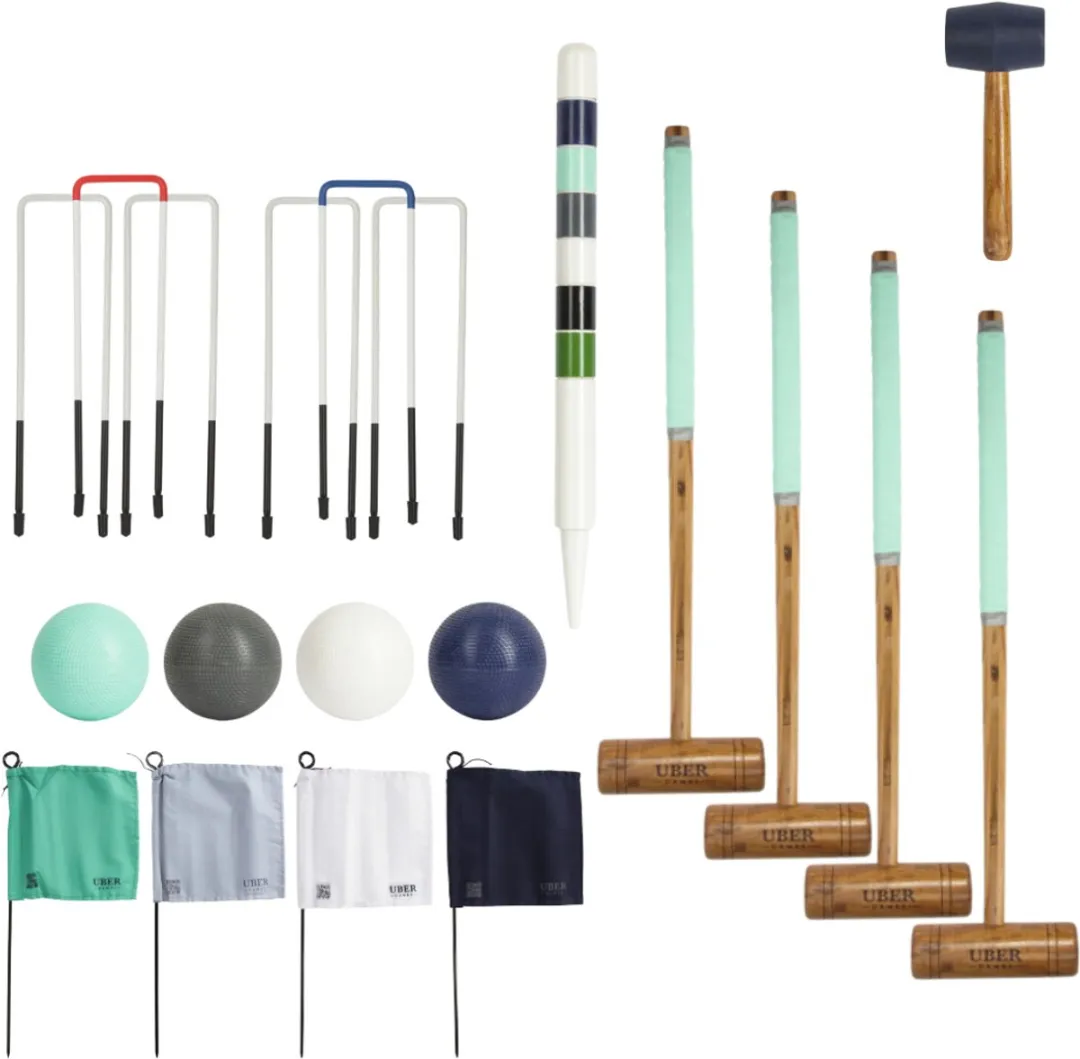 Ubergames- Tuin Croquet set - Engels Tuinspel - 4-persoons - Hardhouten Mallets - Kunststof Ballen - Met Tas