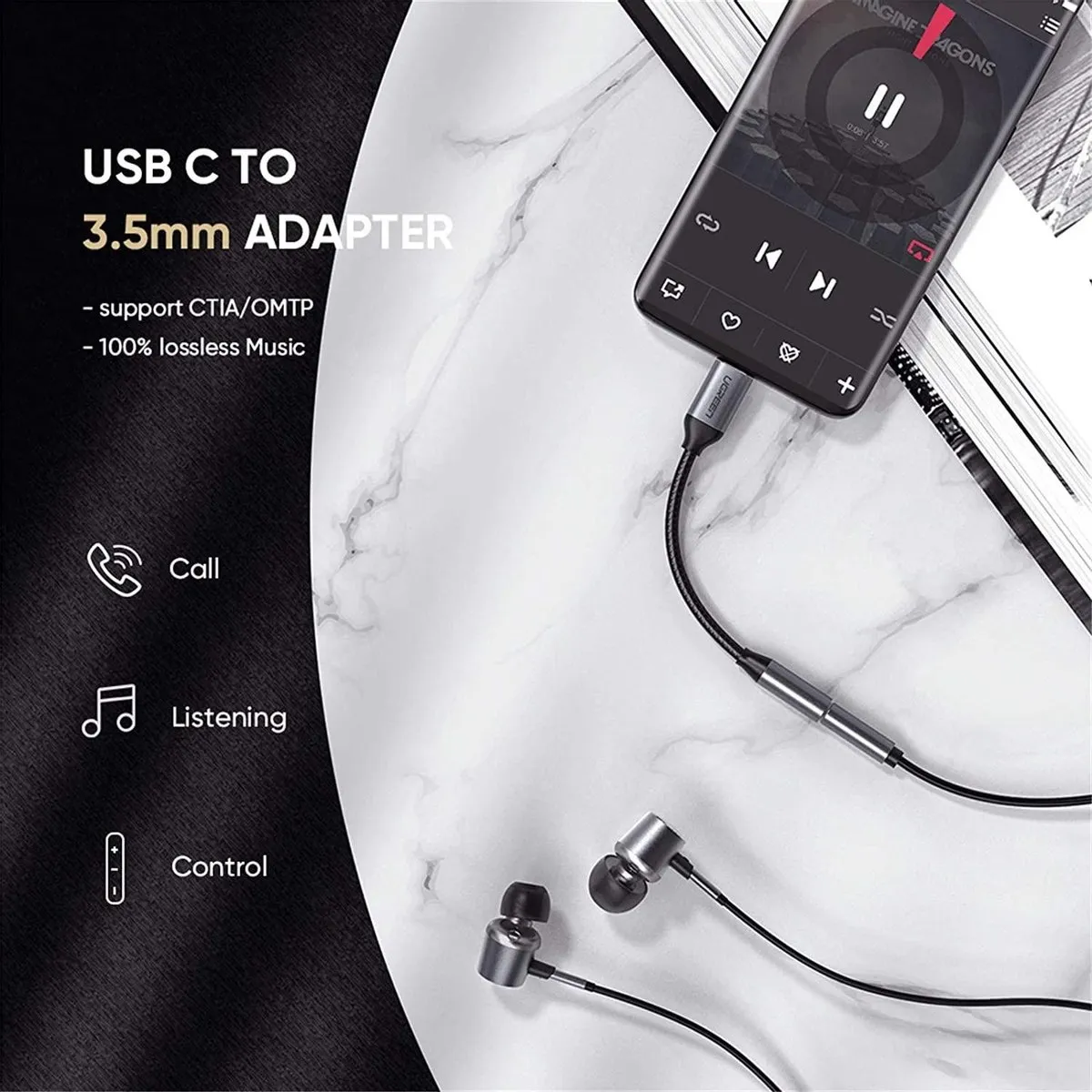 UGREEN UGR-30632 USB-C naar 3.5mm Jack Adapter - 11cm - Grijs