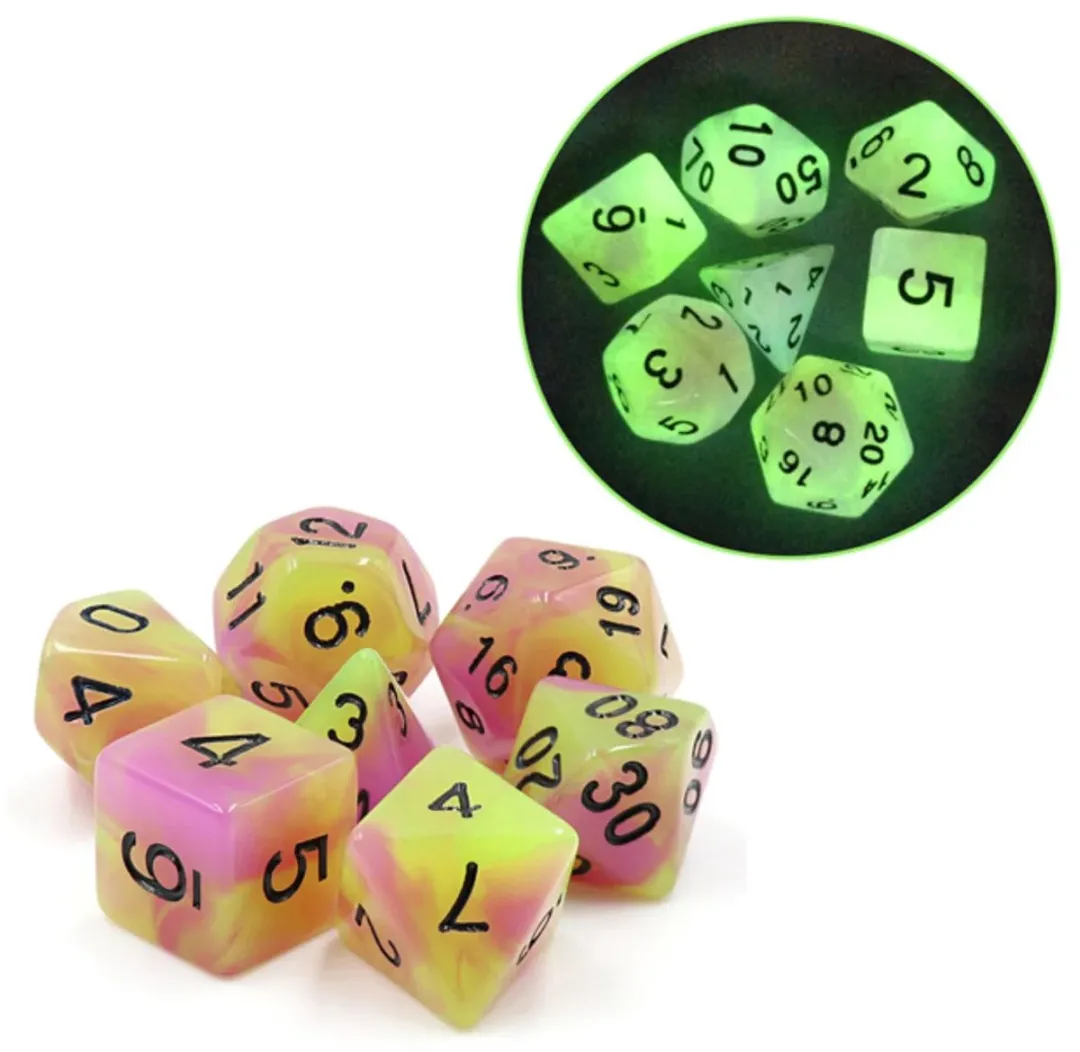 Foam Brain Games dobbelstenen Glow in the Dark Tulip RPG set.