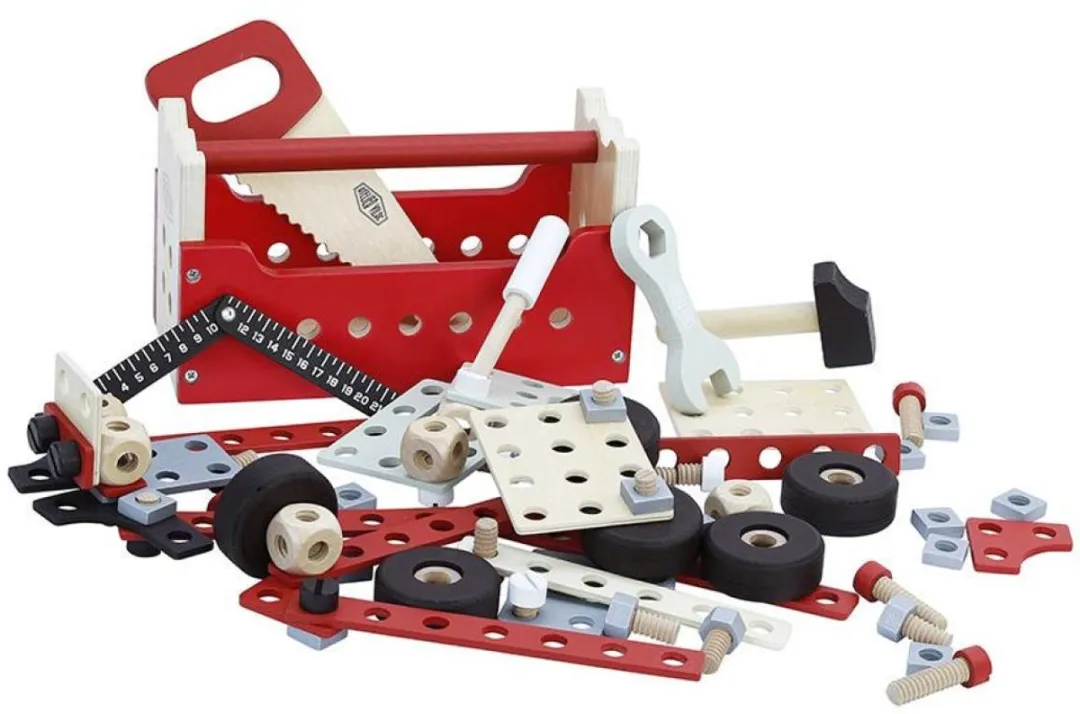 Vilac houten gereedschapskist omkeerbaar werkbank speelgoed set.