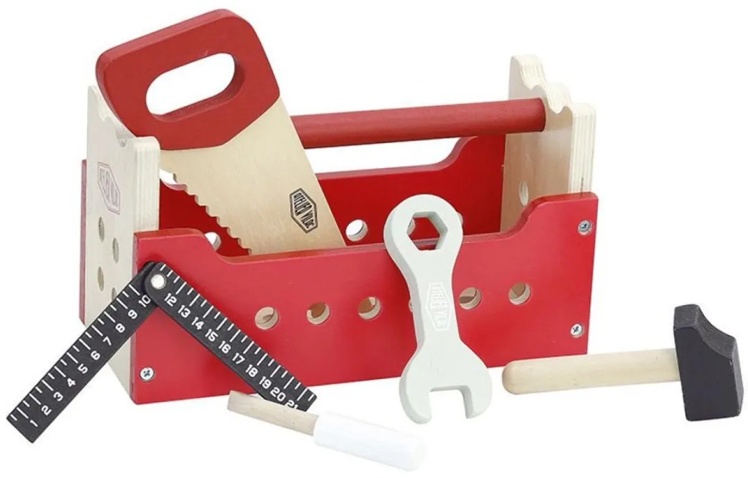 Vilac houten gereedschapskist omkeerbaar werkbank speelgoed set.