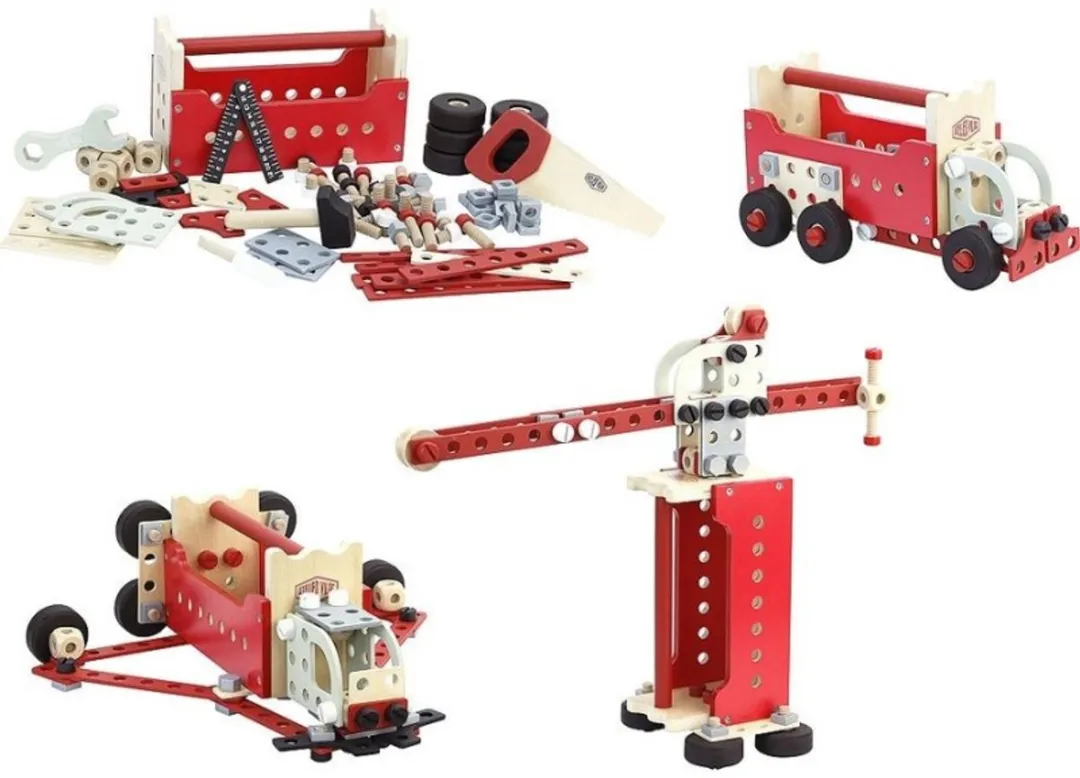 Vilac houten gereedschapskist omkeerbaar werkbank speelgoed set.