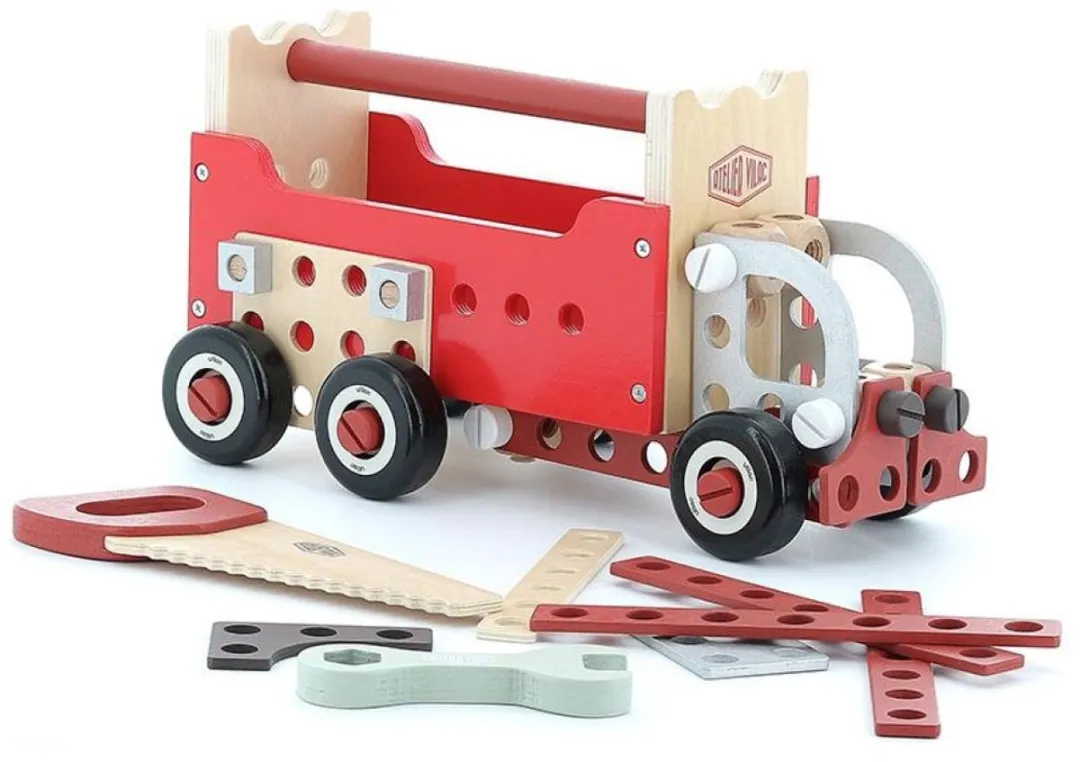 Vilac houten gereedschapskist omkeerbaar werkbank speelgoed set.