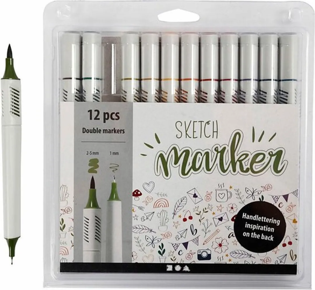 Pastel tekenstiften | Dubbele punt brushpen en fineliner | Pastelkleuren | 1-2,5 mm | 12 stuks