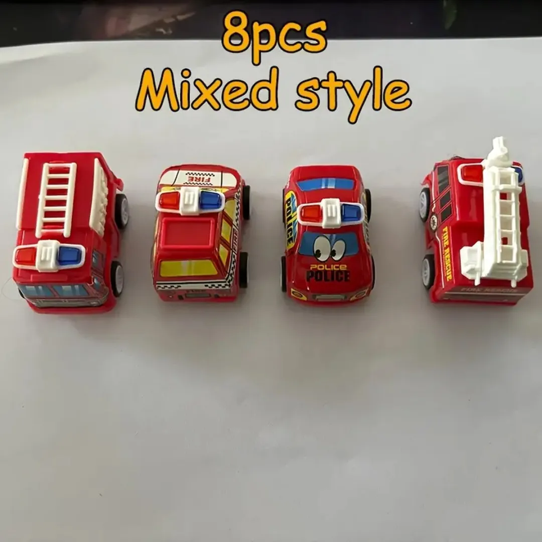 8-delige Mini Cartoon Brandweerauto & Politieauto Speelgoedset - Diverse Stijlen - Perfect voor Verjaardagsfeestjes, Klasbeloningen, Kerstcadeaus - Stevig PP Materiaal - Compact en Handig
