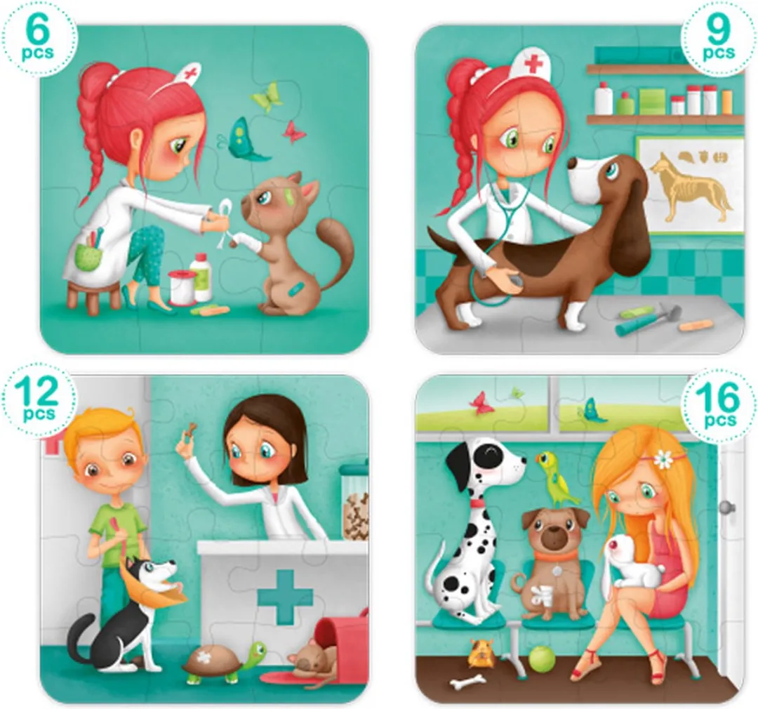 Eurekakids Puzzel 4 in 1 Dierenarts - Dieren Dokter - Vier Kinderpuzzels in Stijlvolle Verpakking - 6, 9, 12 en 16 Stukjes