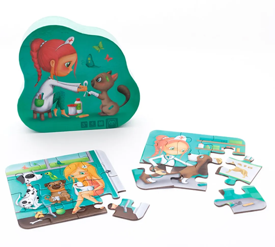 Eurekakids Puzzel 4 in 1 Dierenarts - Dieren Dokter - Vier Kinderpuzzels in Stijlvolle Verpakking - 6, 9, 12 en 16 Stukjes