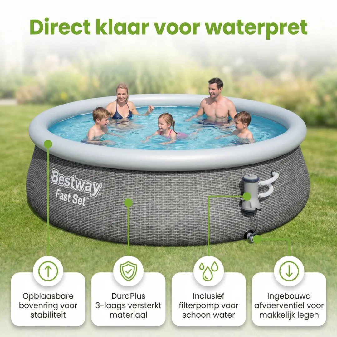 Bestway Rond Opblaasbaar Fast Set Zwembad - Rotanprint - 457 x 84 cm - Inclusief Pomp Grondzeil - Solarzeil - Warmtepomp - 7-delig