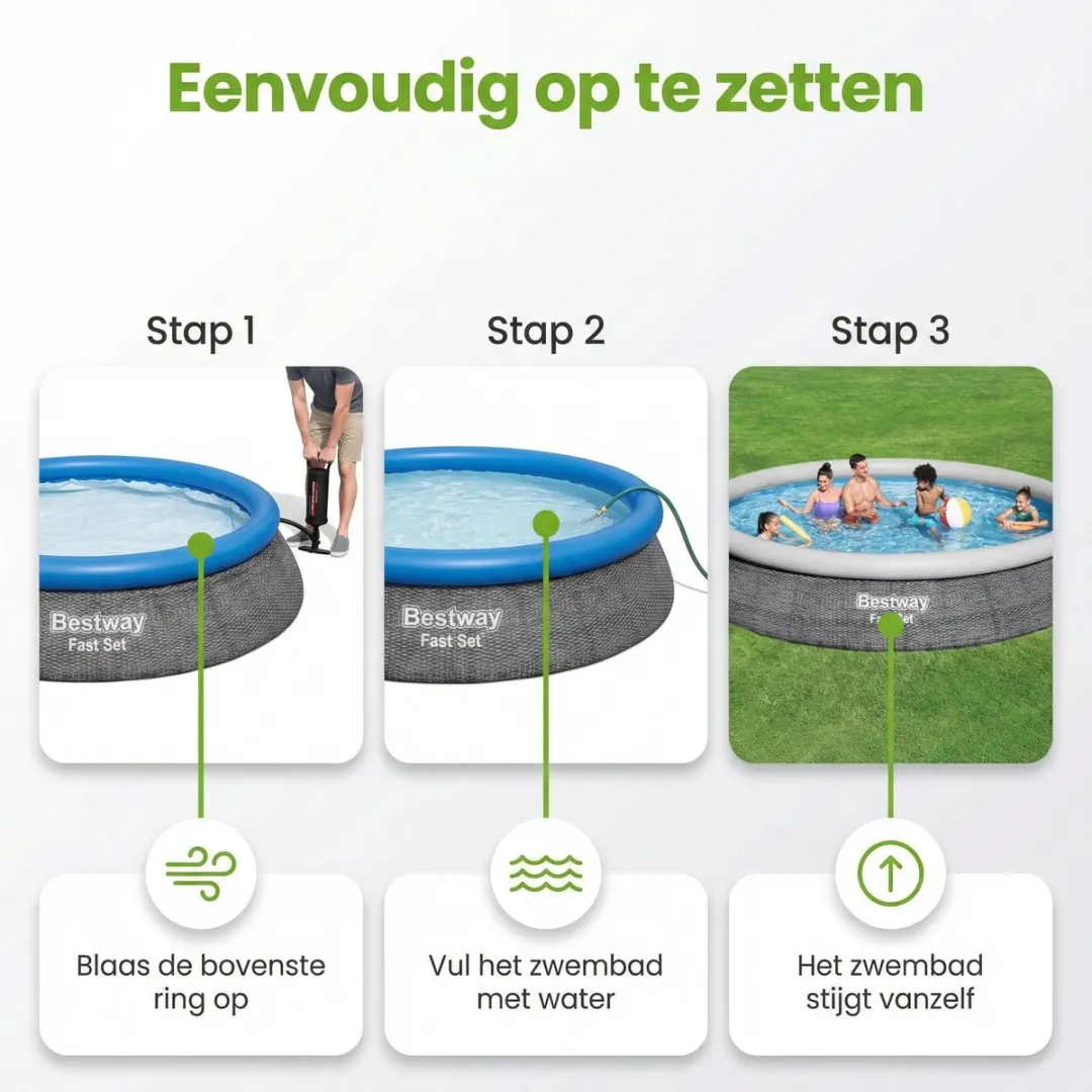 Bestway Rond Opblaasbaar Fast Set Zwembad - Rotanprint - 457 x 84 cm - Inclusief Pomp Grondzeil - Solarzeil - Warmtepomp - 7-delig