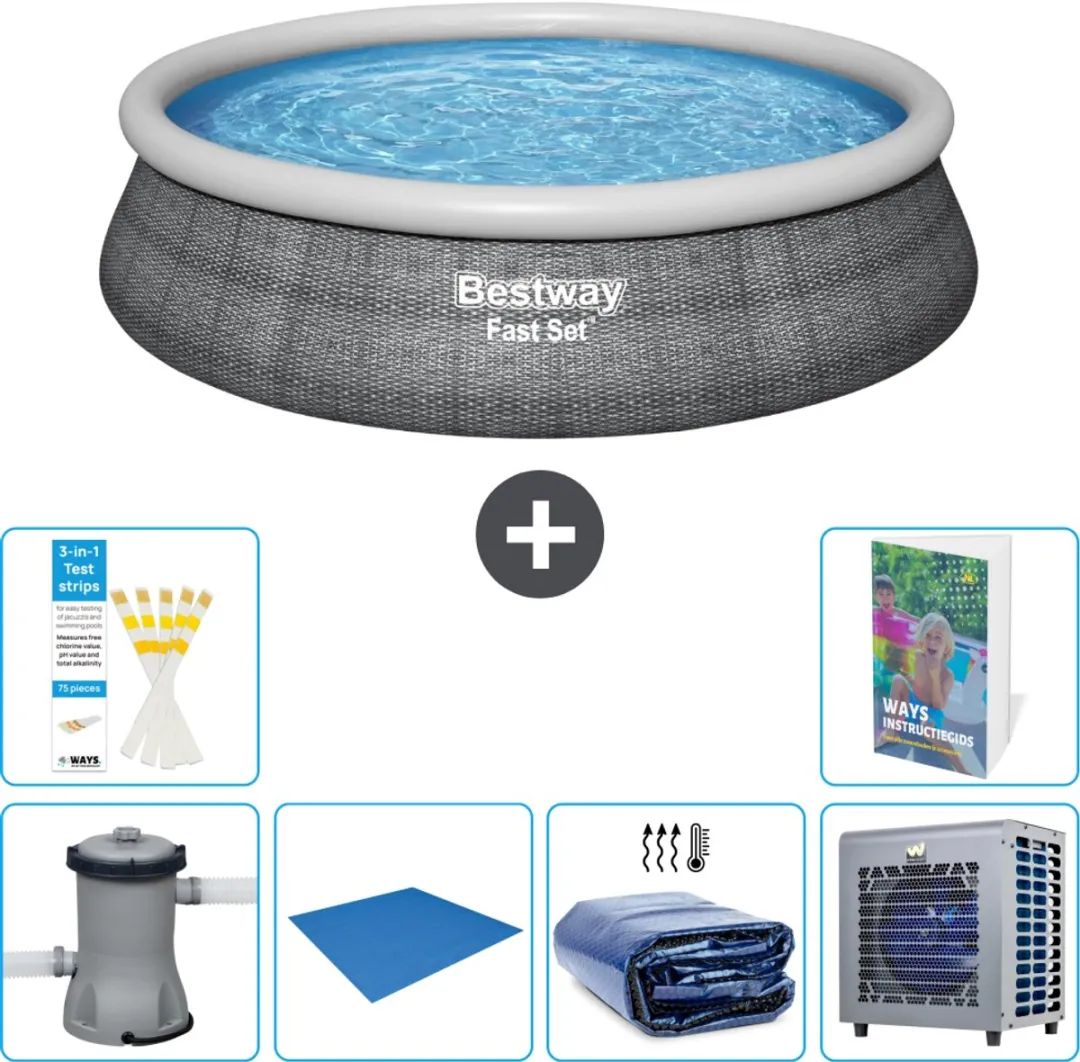 Bestway Rond Opblaasbaar Fast Set Zwembad - Rotanprint - 457 x 84 cm - Inclusief Pomp Grondzeil - Solarzeil - Warmtepomp - 7-delig