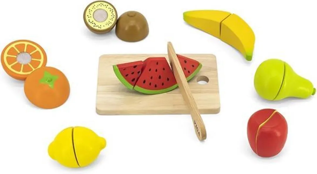 Viga Toys Snijset Fruit in Kistje 17-delig - Houten Speelgoed met Mesje en Snijplank - Fruitsoorten met Klitteband voor Educatief Spel - Geschikt voor Kinderen vanaf 2 jaar