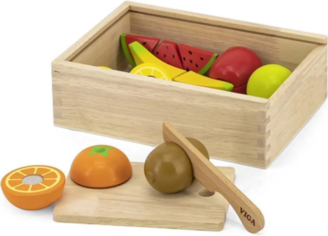 Viga Toys Snijset Fruit in Kistje 17-delig - Houten Speelgoed met Mesje en Snijplank - Fruitsoorten met Klitteband voor Educatief Spel - Geschikt voor Kinderen vanaf 2 jaar