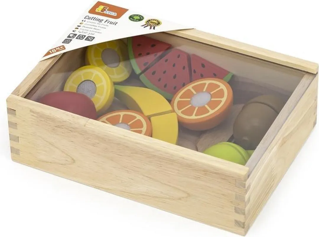 Viga Toys Snijset Fruit in Kistje 17-delig - Houten Speelgoed met Mesje en Snijplank - Fruitsoorten met Klitteband voor Educatief Spel - Geschikt voor Kinderen vanaf 2 jaar