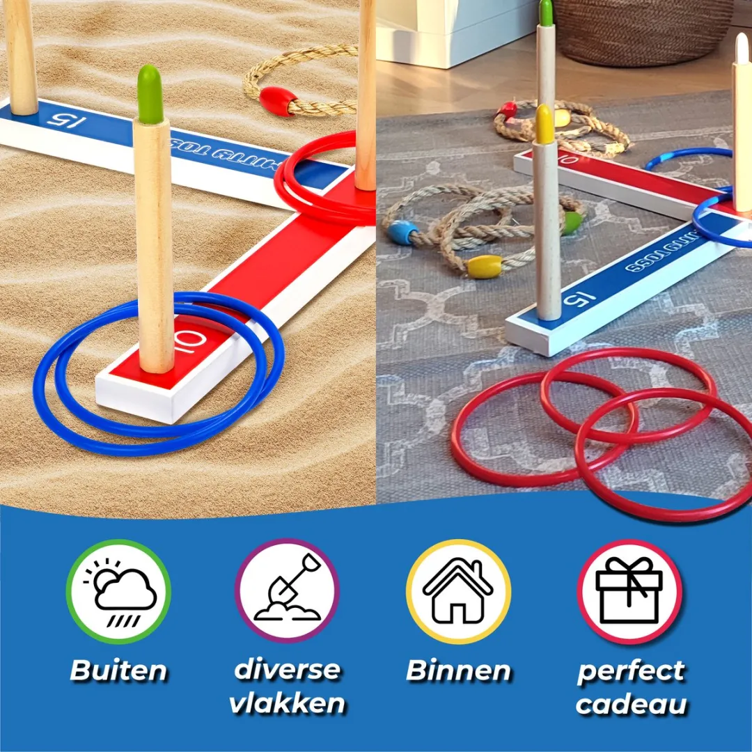 Toyfel Mitty Toss – Ring Werpspel Hout FSC® met 15 Ringen (10x plastic & 5x touw hoepels) – Tuin Spel voor Kinderen & Volwassenen Buiten & Binnen