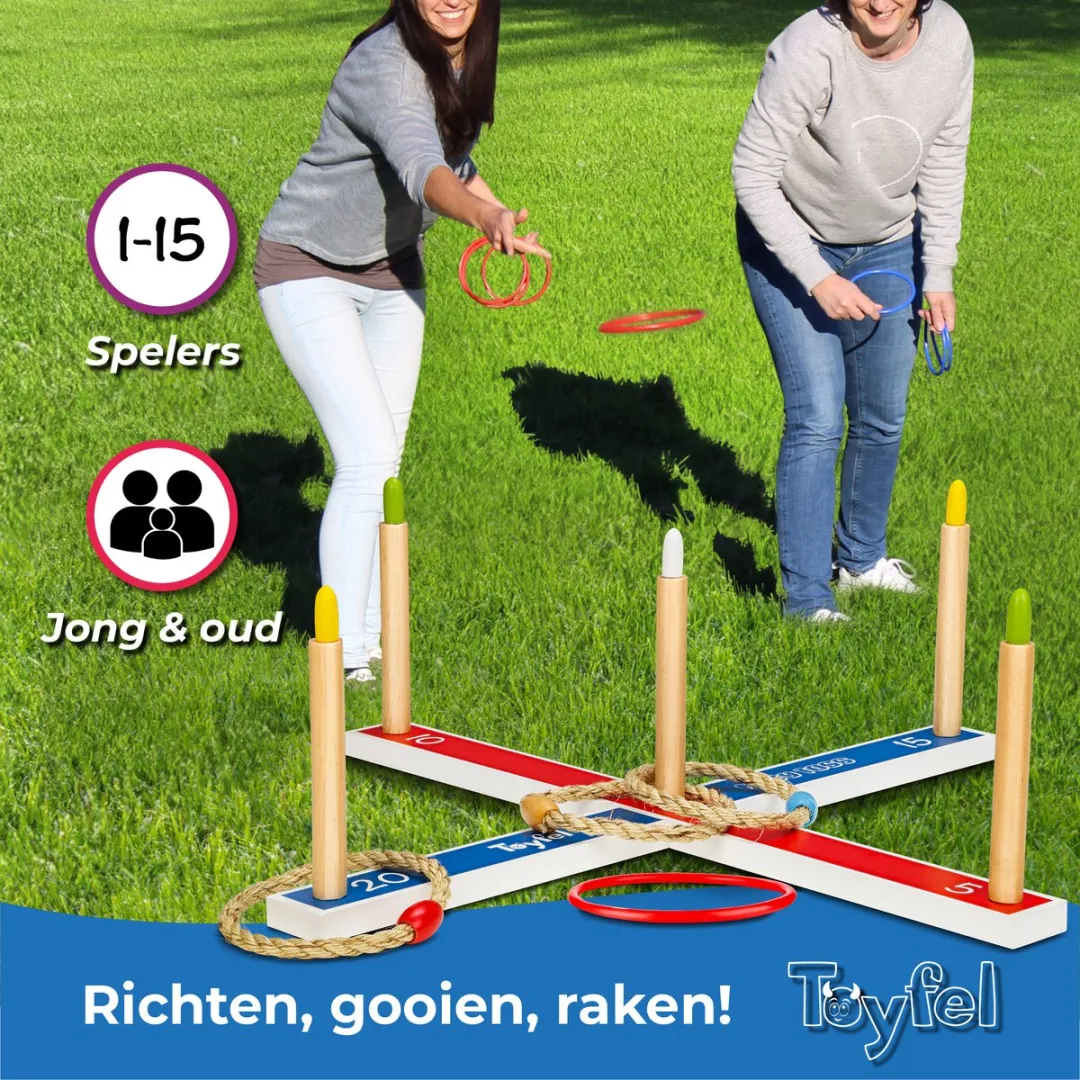 Toyfel Mitty Toss – Ring Werpspel Hout FSC® met 15 Ringen (10x plastic & 5x touw hoepels) – Tuin Spel voor Kinderen & Volwassenen Buiten & Binnen