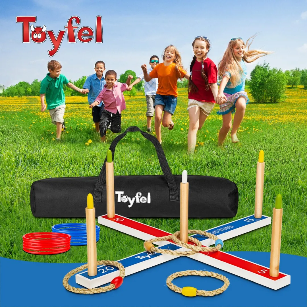 Toyfel Mitty Toss Ring Werpspel - 15 Ringen (10x plastic, 5x touw) - FSC Hout - afbeelding 6 van 6