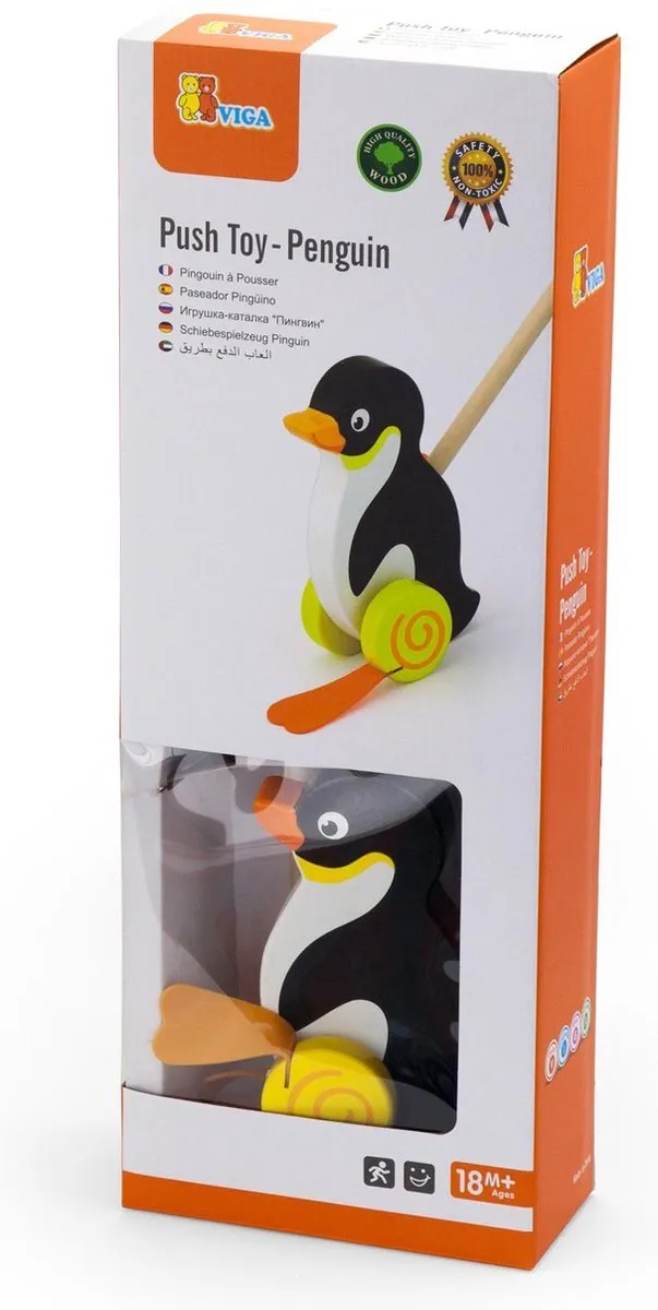 Vigatoys Duwstok Pinguïn - Klapperende voeten - Zwart