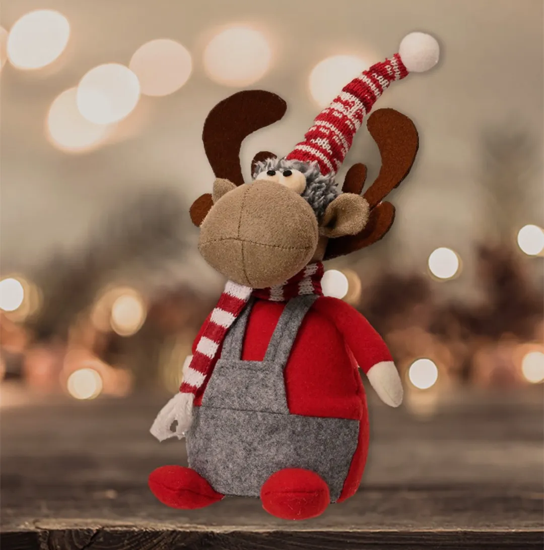 Polyester rendier grijs met gestreepte muts - 30cm