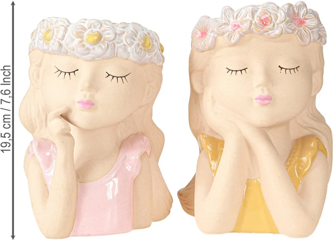 Kaemingk Bloempot Dreaming Girl Keramiek - 2 Stuks - Veelkleurig