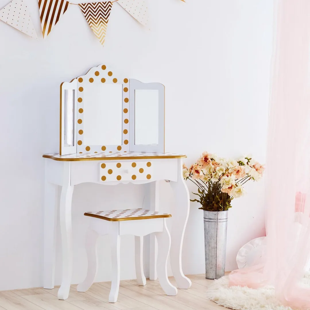 Teamson Kids Houten Kaptafel Polka Dot - Wit/Goud