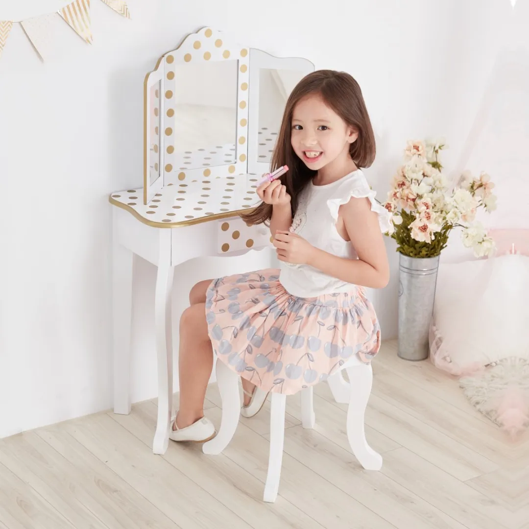 Teamson Kids Houten Kaptafel Polka Dot - Wit/Goud