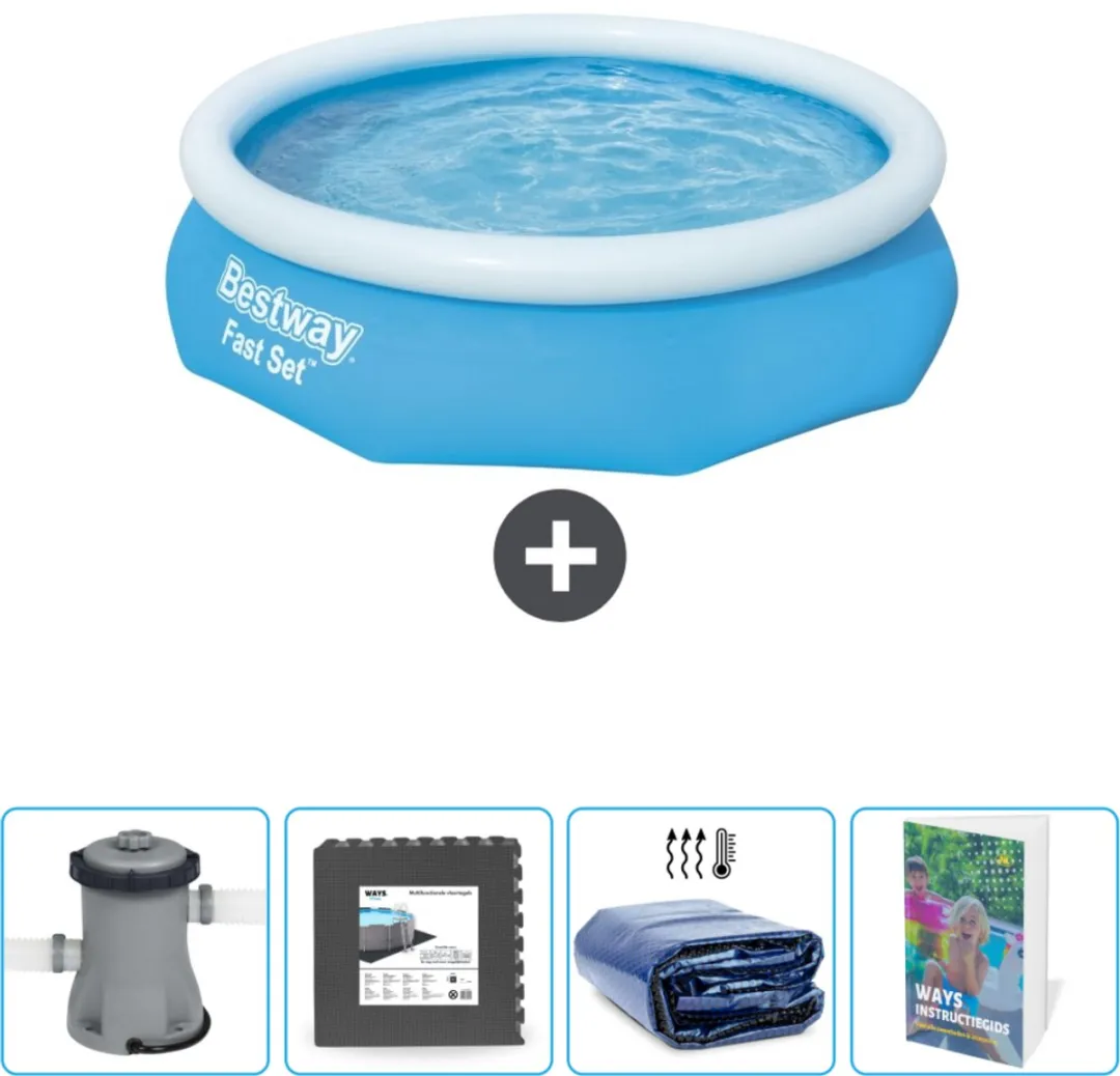 Bestway Rond Opblaasbaar Fast Set Zwembad - 305 x 76 cm - Blauw - Inclusief Pomp Vloertegels - Solarzeil - Zwembadgids