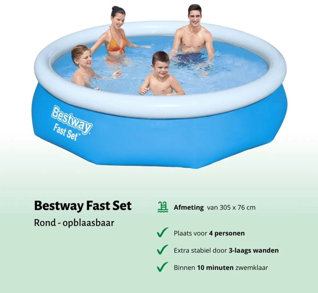 Bestway Rond Opblaasbaar Fast Set Zwembad - 305 x 76 cm - Blauw - Inclusief Pomp Vloertegels - Solarzeil - Zwembadgids
