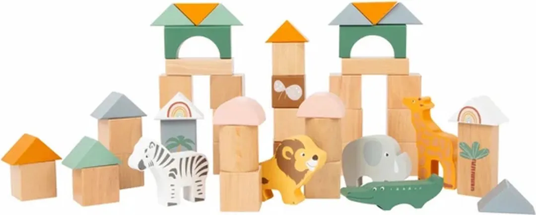Small Foot Houten Bouwblokken Safari - 50 Stuks - 5 Minifiguren - Multicolor