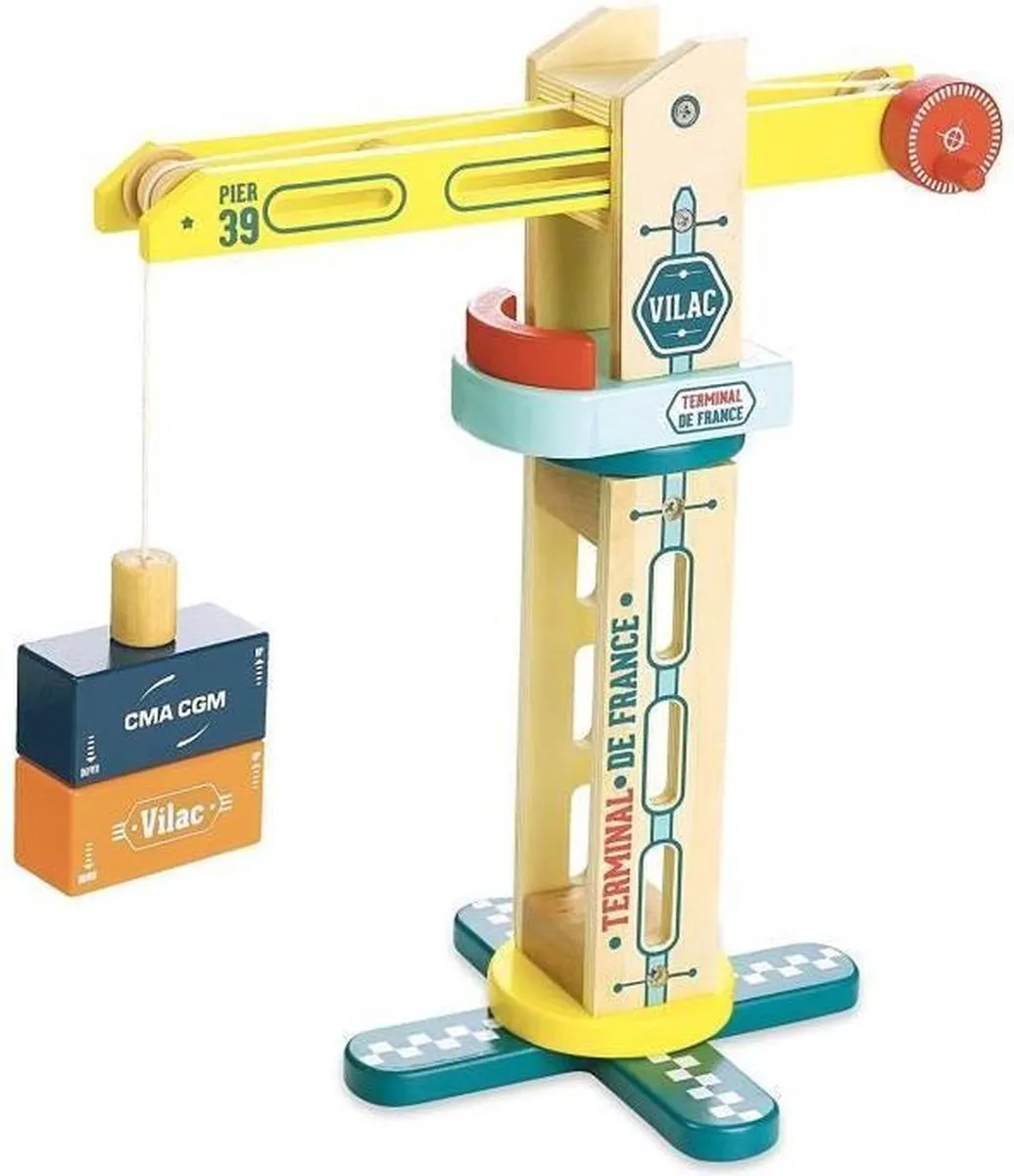 Vilac Houten Hijskraan 2357 - Magnetische Containers - 34cm - Multi