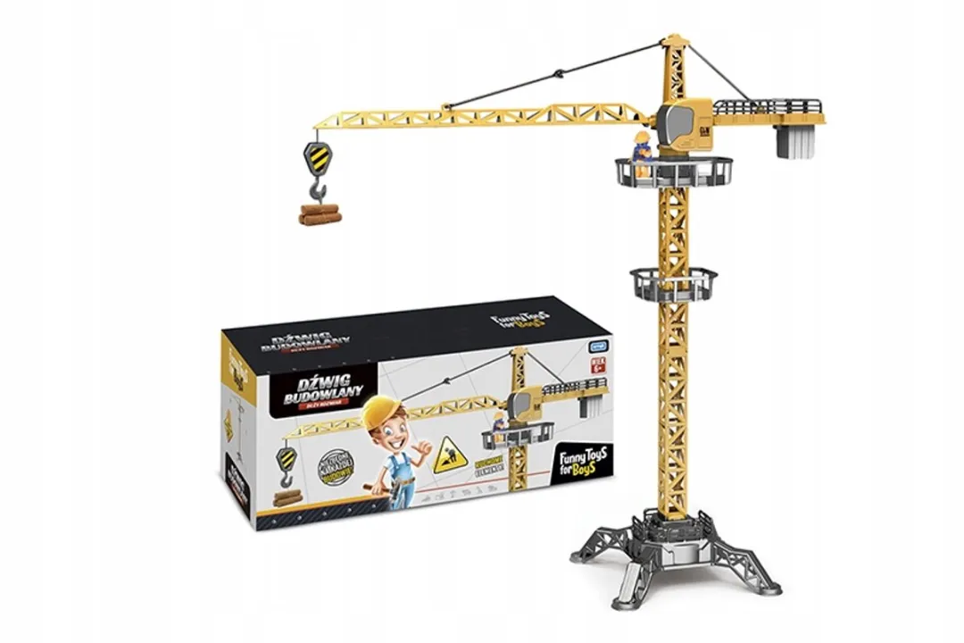 Grote bouwplaatsdroom: werkende kraan met borden en accessoires