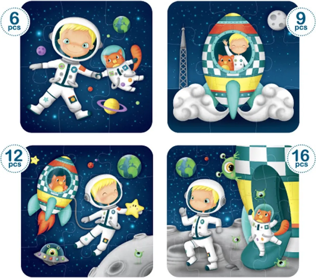 Eurekakids Puzzel 4-in-1 Astronaut - 6/9/12/16 Stuks - Blauw