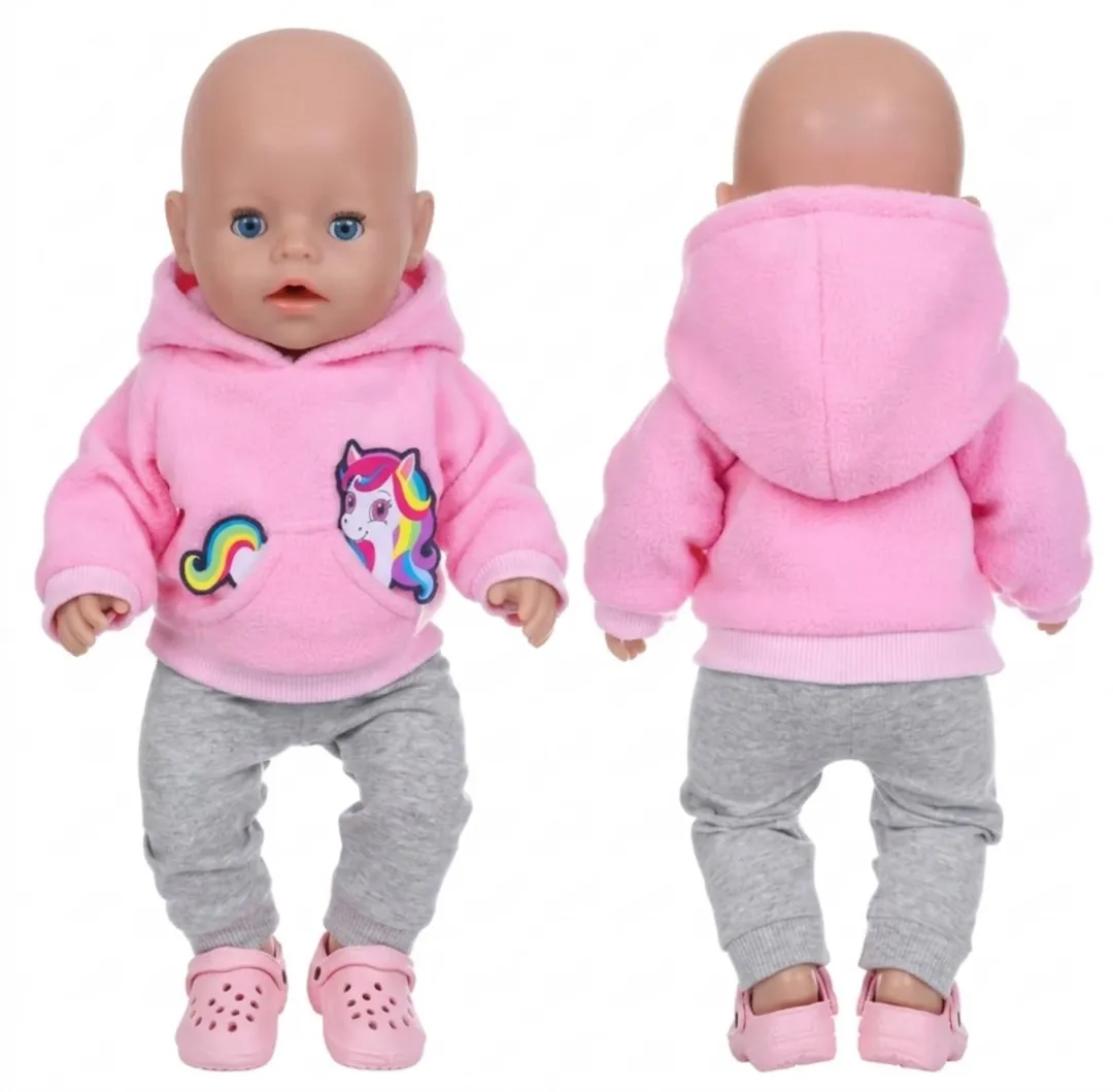 Roze-Grijs Unicorn Joggingpak met Crocs – “Geschikt voor Baby Born” – Accessoire en Kleertjes voor je 36 & 43 cm Baby Born Pop