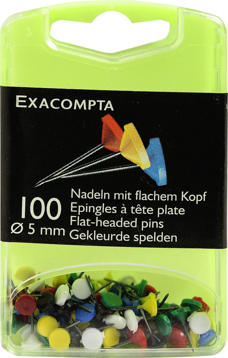 Exacompta Doos met 100 prikbordspelden met platte kop effen - punthoogte 8mm - 5mm diameter - Geassorteerd - 14572E