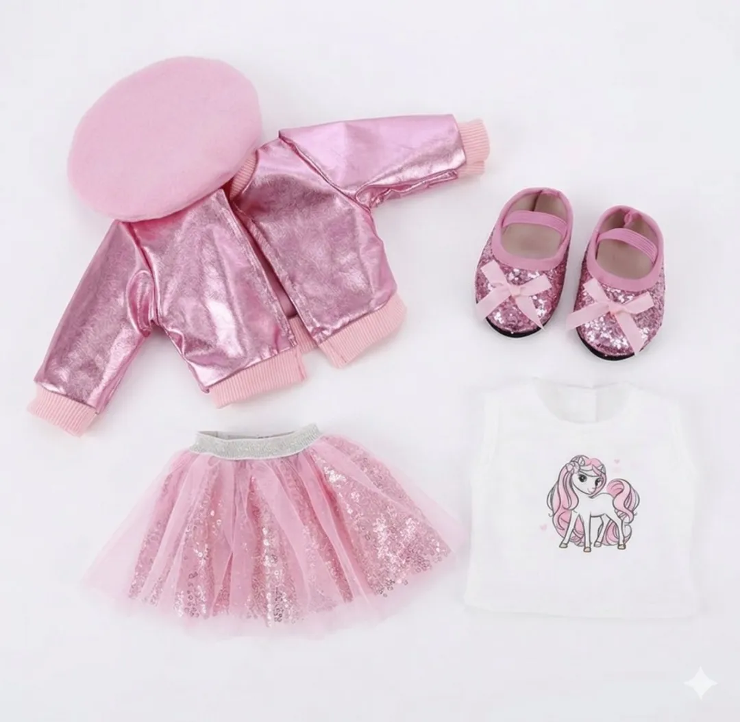 Happy U Kids Roze Glitter Outfit Poppenkleding Baby Born 36-43cm - Rok Jasje Muts Schoenen
