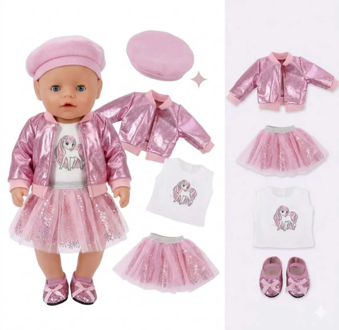 Happy U Kids Roze Glitter Outfit Poppenkleding Baby Born 36-43cm - Rok Jasje Muts Schoenen